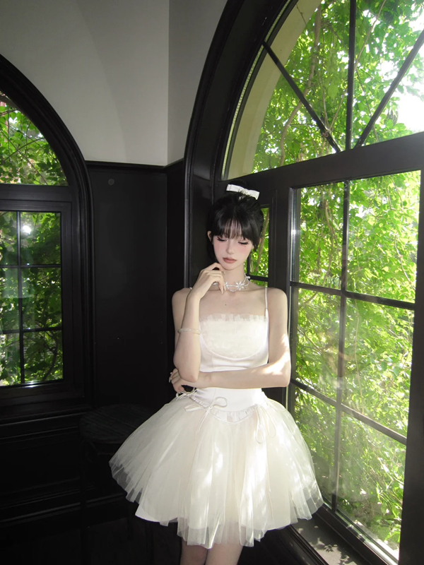 White suspender satin waist slim elegant tulle skirt homecoming dress R5089