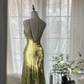 Light green halter-neck fitted midi ball gown with an asymmetrical hem R7697