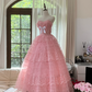 Pink strapless, fitted waist, puffy cake skirt, long ball gown R7768