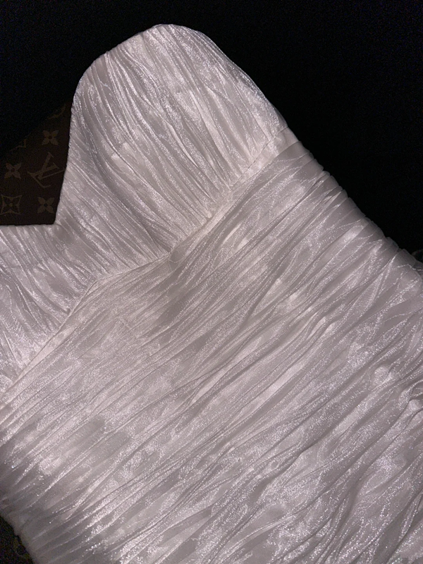 White strapless, fitted waist, pleated, elegant, fairy-like long ball gown R6901