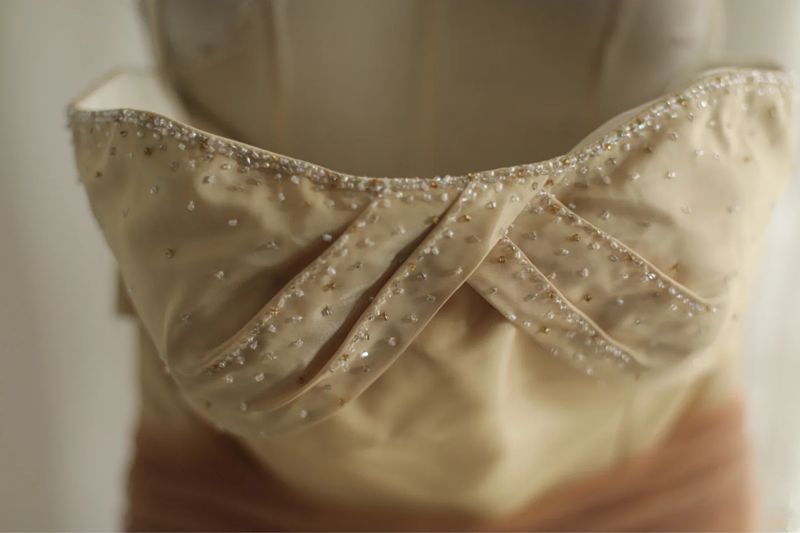 Retro light yellow strapless fitted A-line long ball gown R6781