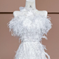 White strapless, fitted, sexy long ball gown with feather design; bridal gown R8320