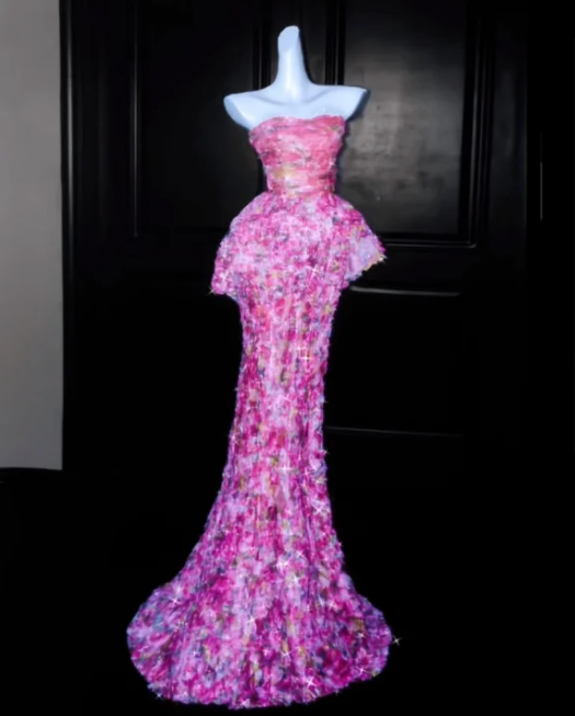 Pink Floral-Print Strapless Fitted-Waist Slim-Fit Ruched Hip-Hugging Mermaid-Length Prom Dress R6502