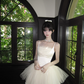 White suspender satin waist slim elegant tulle skirt homecoming dress R5089