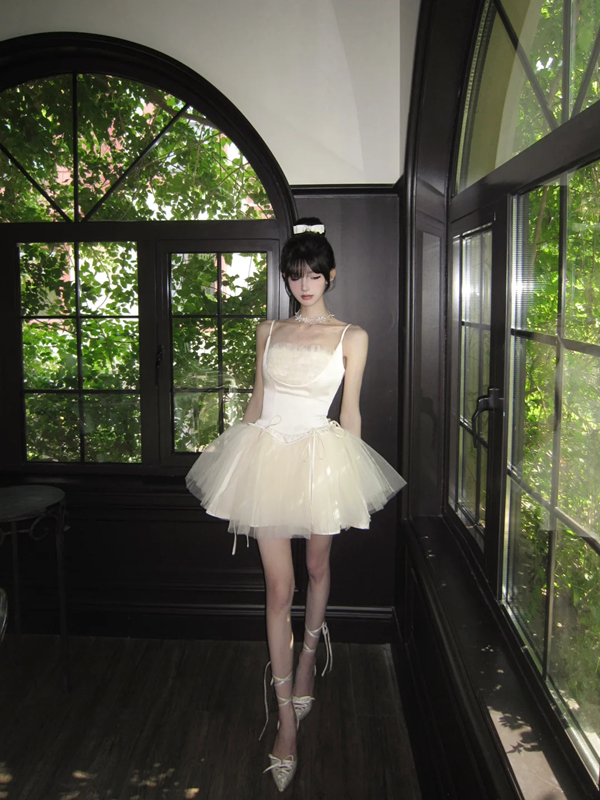 White suspender satin waist slim elegant tulle skirt homecoming dress R5089