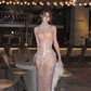 White rhinestone-embellished nude-colored fitted long ball gown R7061