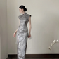 Gray sleeveless Chinese‑collar waist‑cinched slim‑fit bodycon elegant slit prom gown R8007