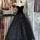 Black strapless fitted waist long ball gown with white polka dot skirt R7848