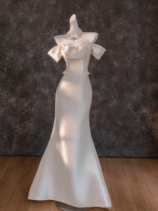 White satin one-shoulder slim waist hip fishtail long dress bridal gown R5788