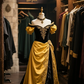 Gold puff sleeves one shoulder slim waist elegant long ball gown R6081