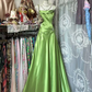 Light green halter-neck, fitted satin long ball gown R7574