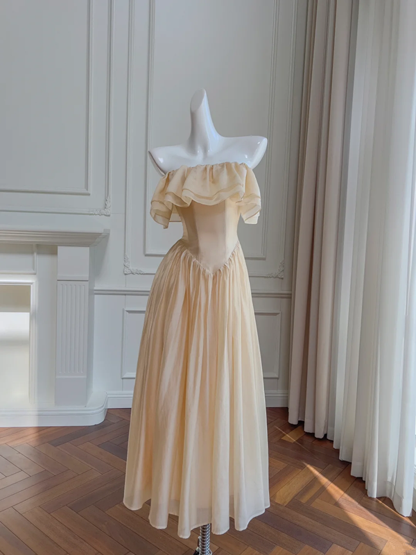 Brown tube top ruffled neckline slim waist long dress homecoming dress R5192