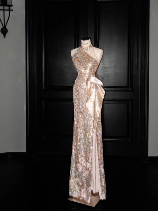 Gold sequined sleeveless slim waist hip-hugging sexy long skirt, prom dress R5667