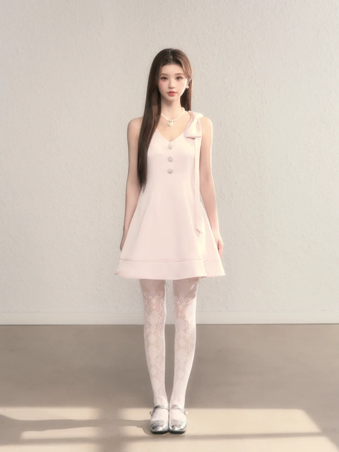 Pink suspender waist slim A-line short skirt homecoming dress R5410