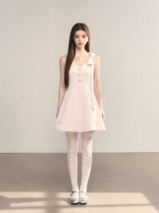 Pink suspender waist slim A-line short skirt homecoming dress R5410