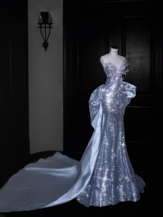 Light blue tube-top sequined diamond-studded waist slim-fitting hip-hugging maxi skirt, prom dress R5631