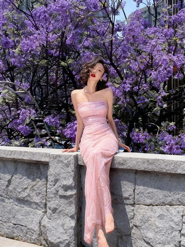 Charming purple sequin sexy waist tube top maxi prom dress, homecoming dress R3104