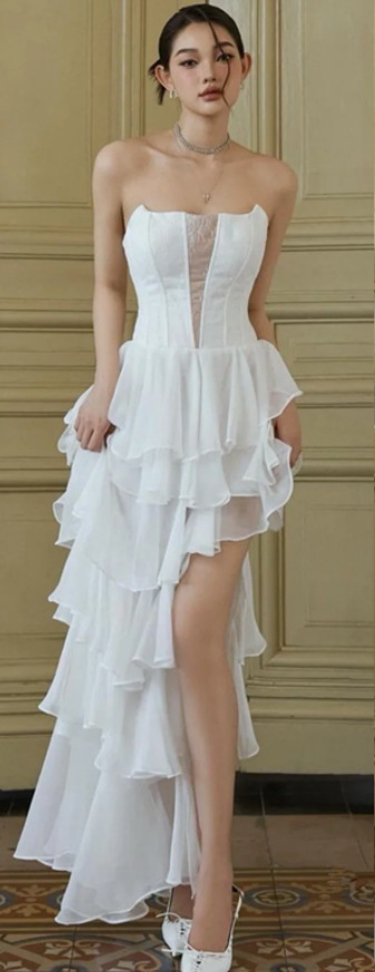 White elegant tube top waist slim irregular skirt short skirt homecoming dress R4723