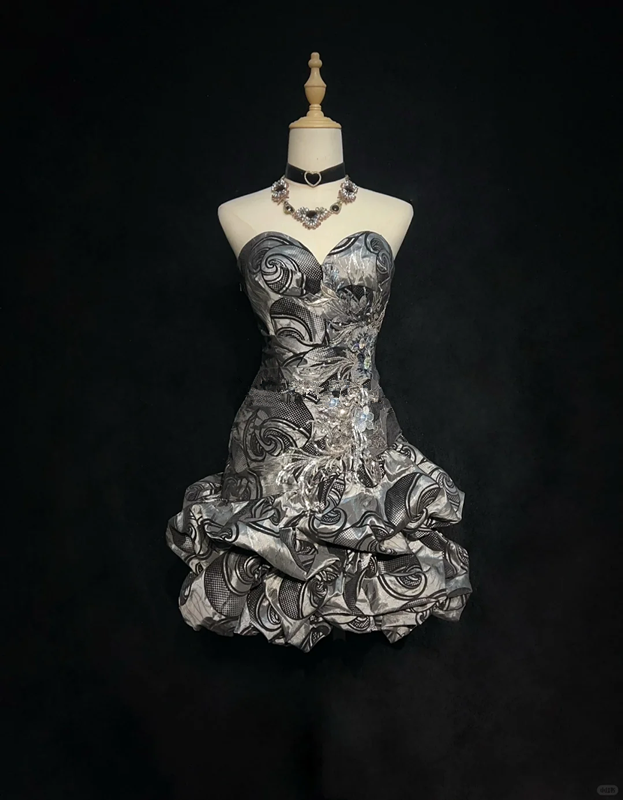 Gray design pattern tube top waist slim fit flower bud skirt short skirt homecoming dress R4970