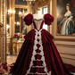 Red puffed-sleeve square-neck waist-cinching slim-fit ballgown long prom dress R7928