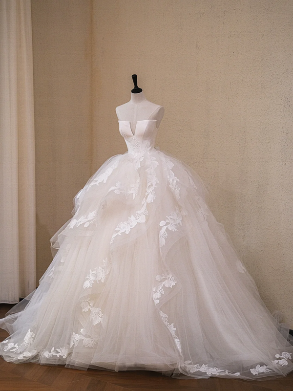 White tube top waist fluffy tulle skirt bridal dress R5708