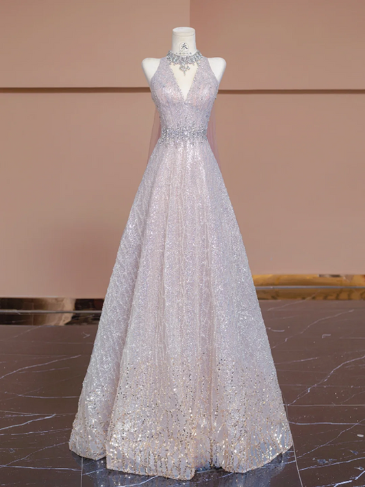 Light pink V-neck fitted A-line skirt rhinestone long ball gown/bridal dress R8292