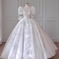 White Puff-Sleeve Rhinestone-Embellished Fitted-Waist Slim-Fit Puffy Hem Gown / Bridal Gown R5902