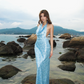 Light blue sequined halter neck fitted waist bodycon long sexy ball gown R8868