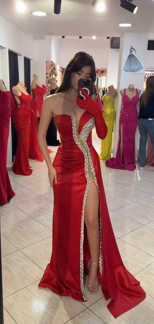Red tube top waist slim fit satin sexy hip dress, prom dress R5392