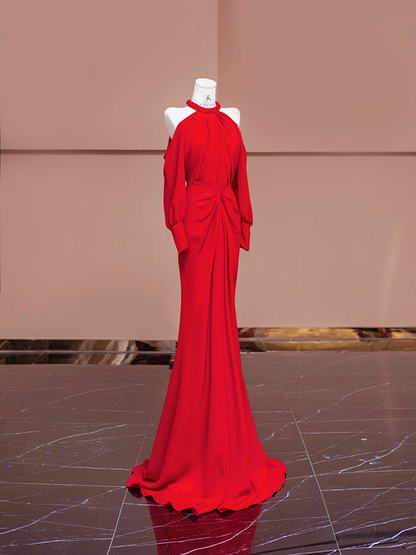 Red halter-neck, fitted waist, backless, sexy long ball gown/bridal dress R8382