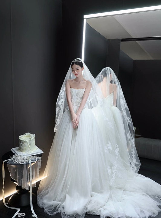 White strapless lace waist slim fit puffy skirt tulle bridal dress R6043