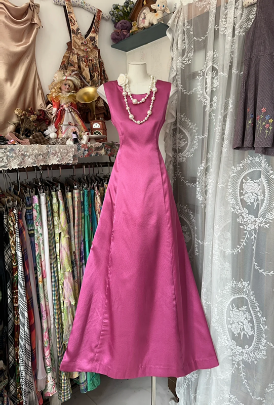 Pink sleeveless fitted A-line long dress, ball gown R6342