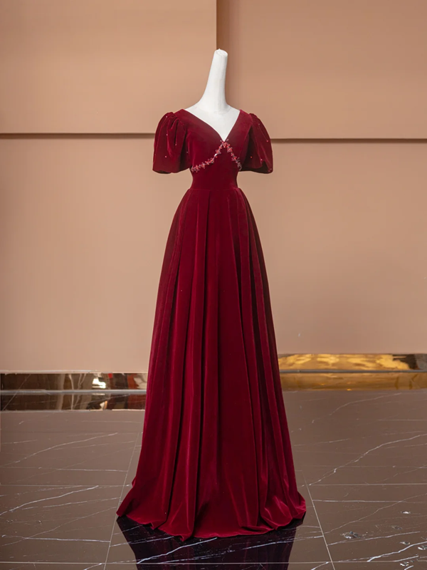 Red puff-sleeved V-neck fitted long ball gown/bridal dress R8497