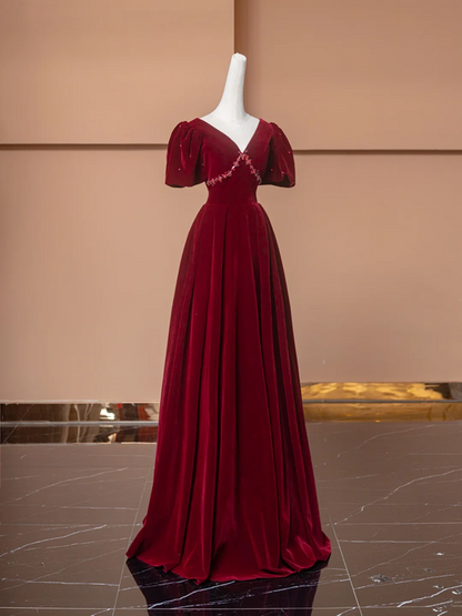 Red puff-sleeved V-neck fitted long ball gown/bridal dress R8497