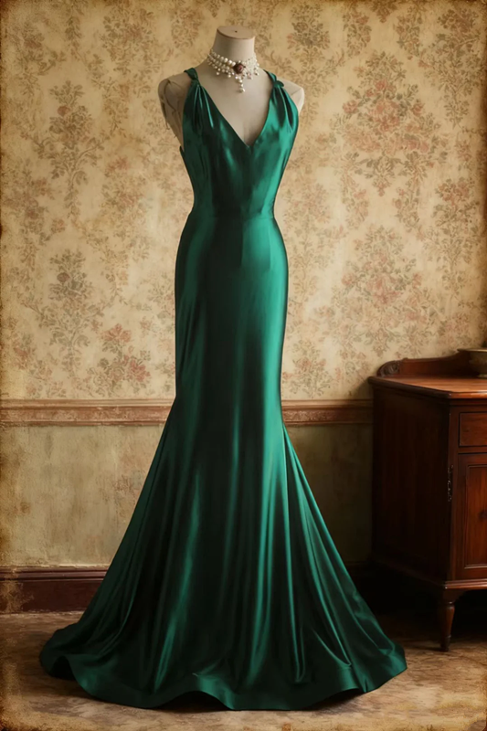 Green satin halter-neck, cinched waist, backless, sexy bodycon long ball gown R6742