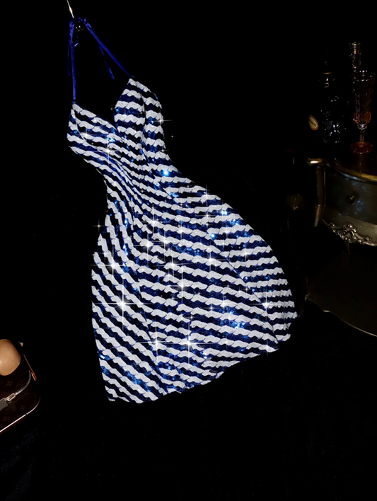 Blue and white striped sequined halter neck sexy short ball gown R6981