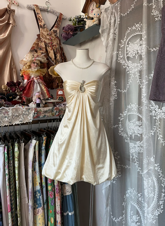 Champagne-colored strapless, fitted waist cute short dress, prom dress R6262