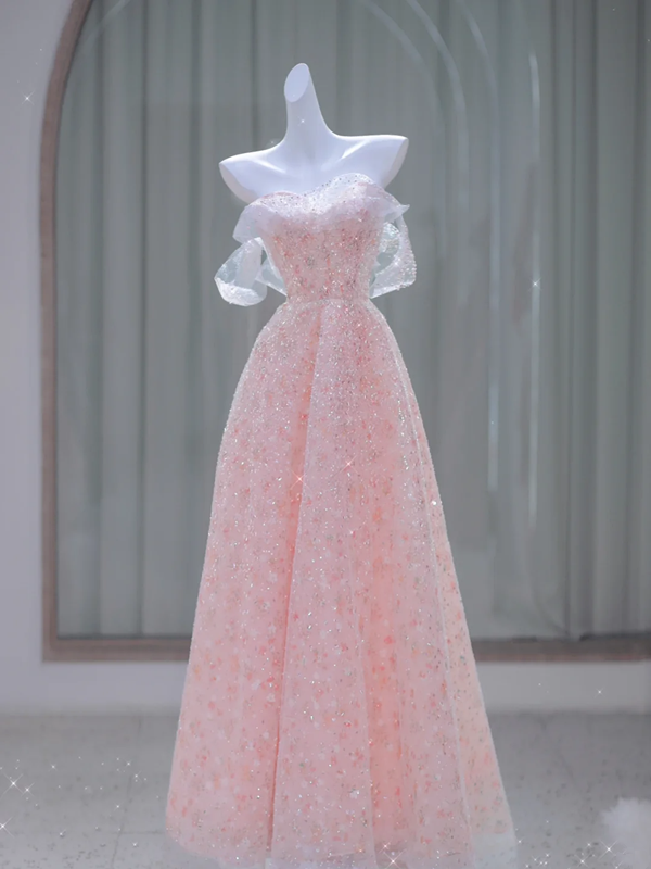 Pink Strapless Sequined Waist Slim Fit A-Line Ball Gown Bridal Gown R5864