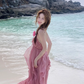 French pink holiday style backless halter neck suspender dress seaside beach long dress R0215
