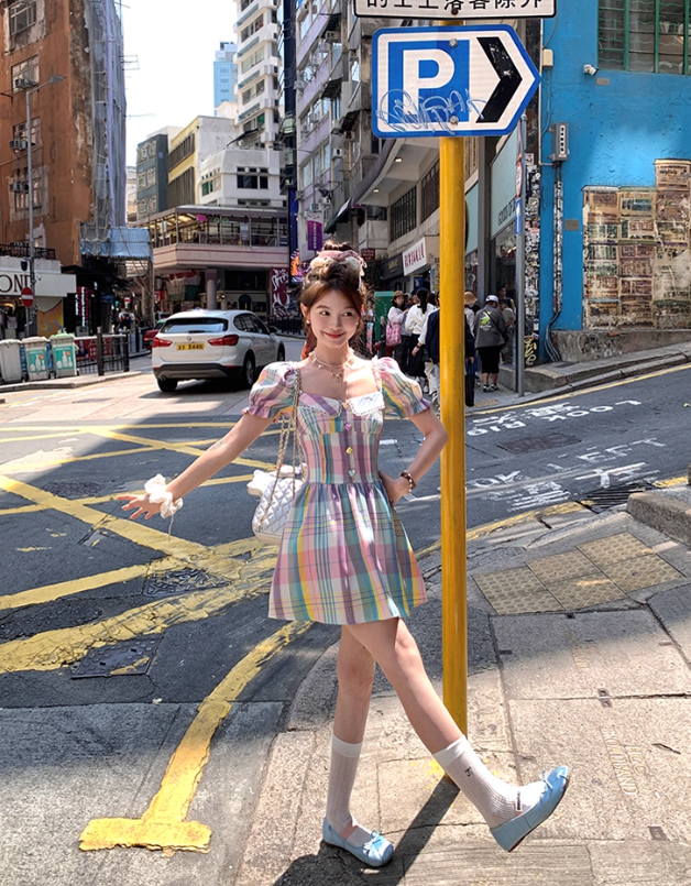 Colorful square neck waist short sleeve plaid dress summer French skirt R5025