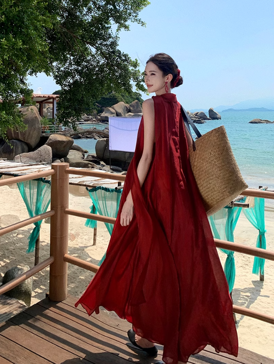 Fairy Island Travel Outfit Halter Neck V-Neck Dress Beach Dress Loose Casual Long Dress R1732