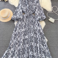 Fashion lantern long sleeve round neck waist a-line print irregular dress elegant long skirt R0404