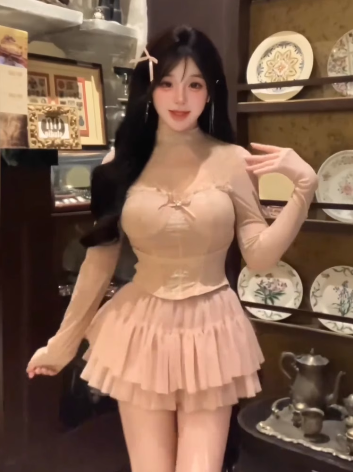 Pure desire hot girl lace hollow long sleeve top 2025 polka dot mesh skirt suit R1326