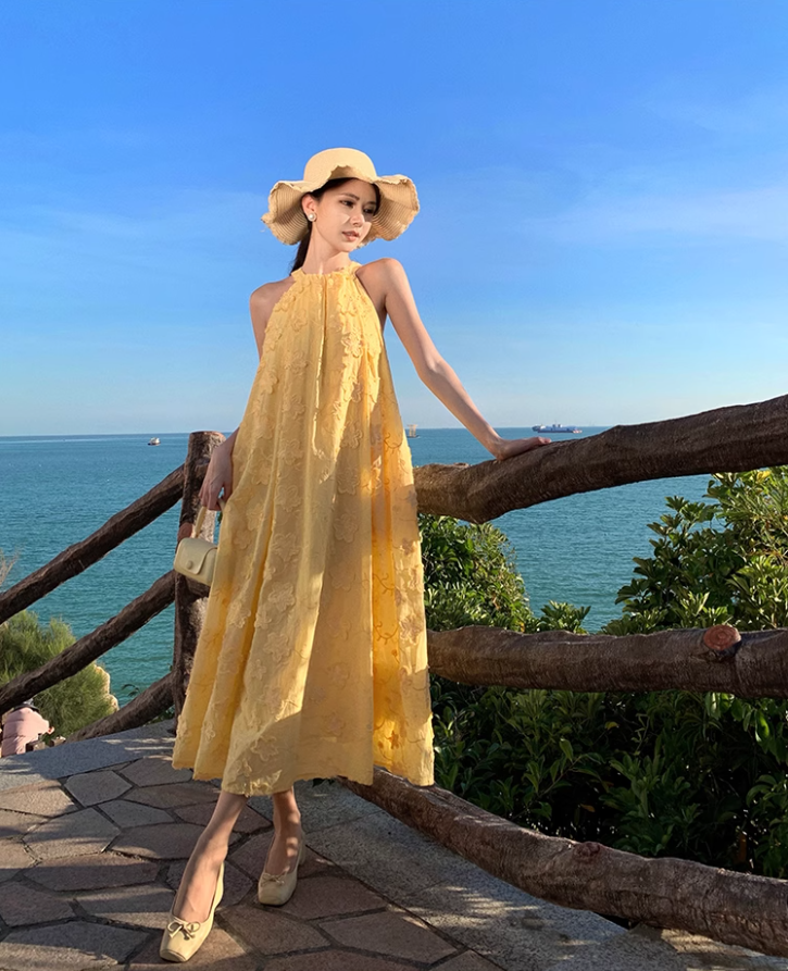 Beach dress yellow jacquard halter neck dress lazy style temperament long dress R0759