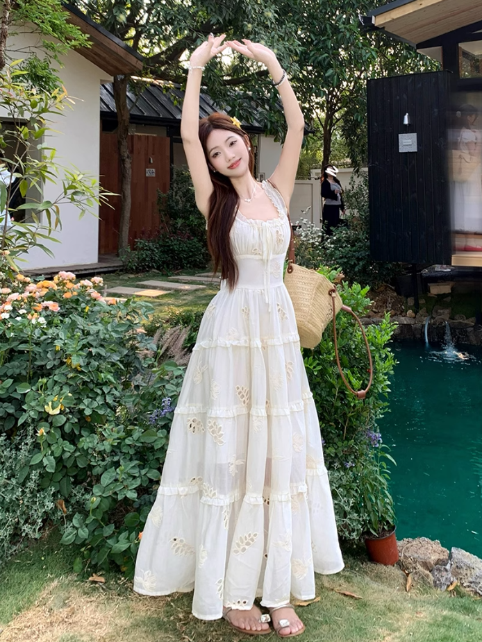 Fairy waist skirt travel photo shoot long skirt exposed waist suspender dress R1763