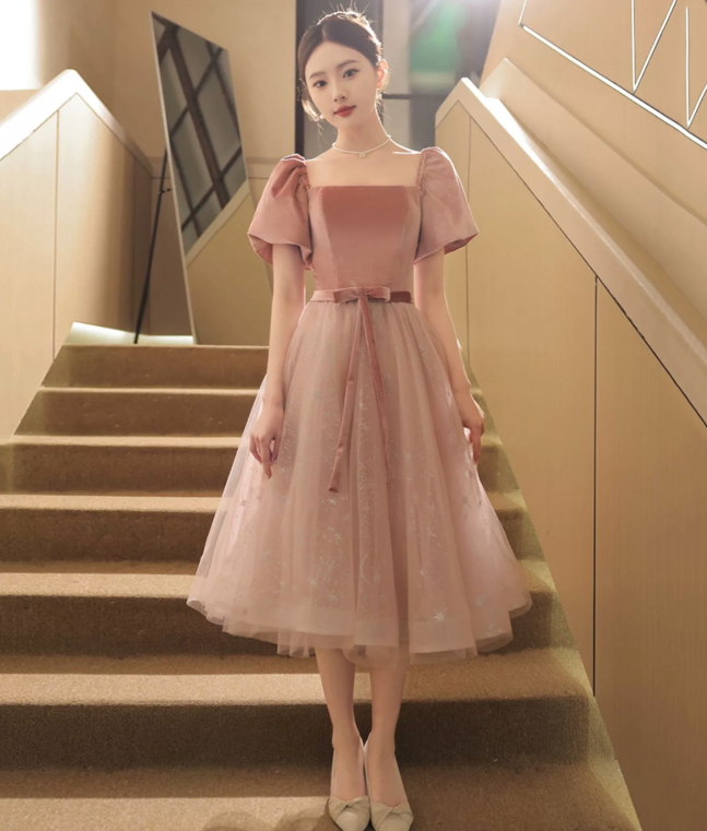 Pretty Pink Prom Gown , Puff Sleeves Elegant  Corset Maxi Evening Dress RS1459