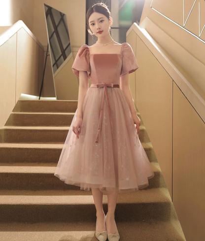 Pretty Pink Prom Gown , Puff Sleeves Elegant  Corset Maxi Evening Dress RS1459
