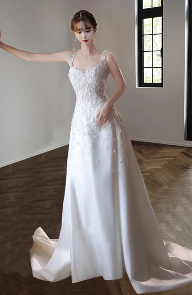 Embroidered Silky Corset Prom Gown , White Women's Maxi Evening Dress RS2392