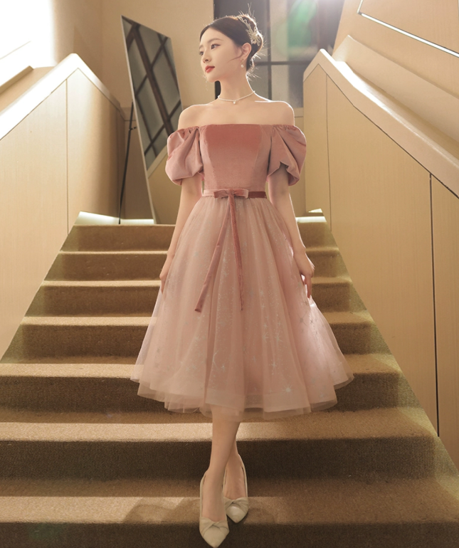 Pretty Pink Prom Gown , Puff Sleeves Elegant  Corset Maxi Evening Dress RS1459