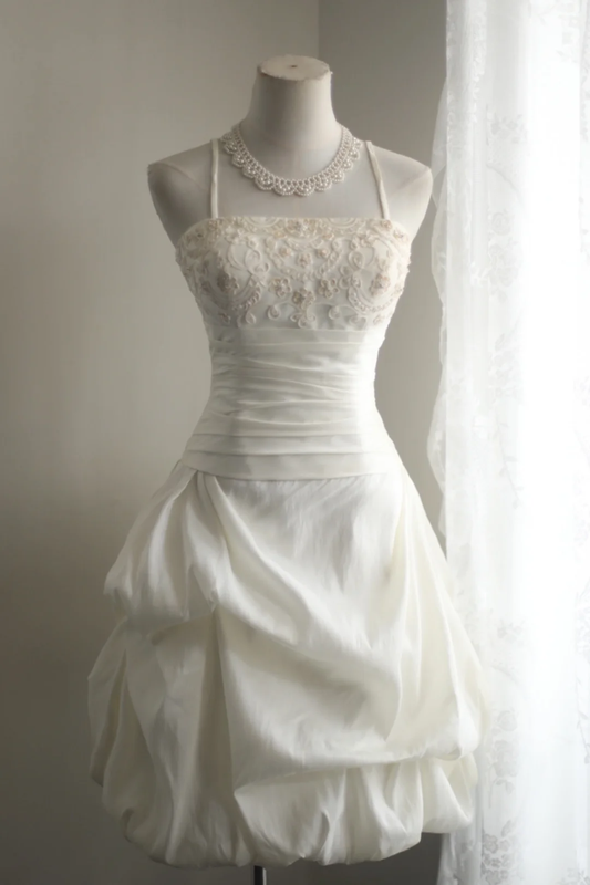 White suspender tube top classical embroidery waist slimming flower bud short skirt homecoming dress R4200